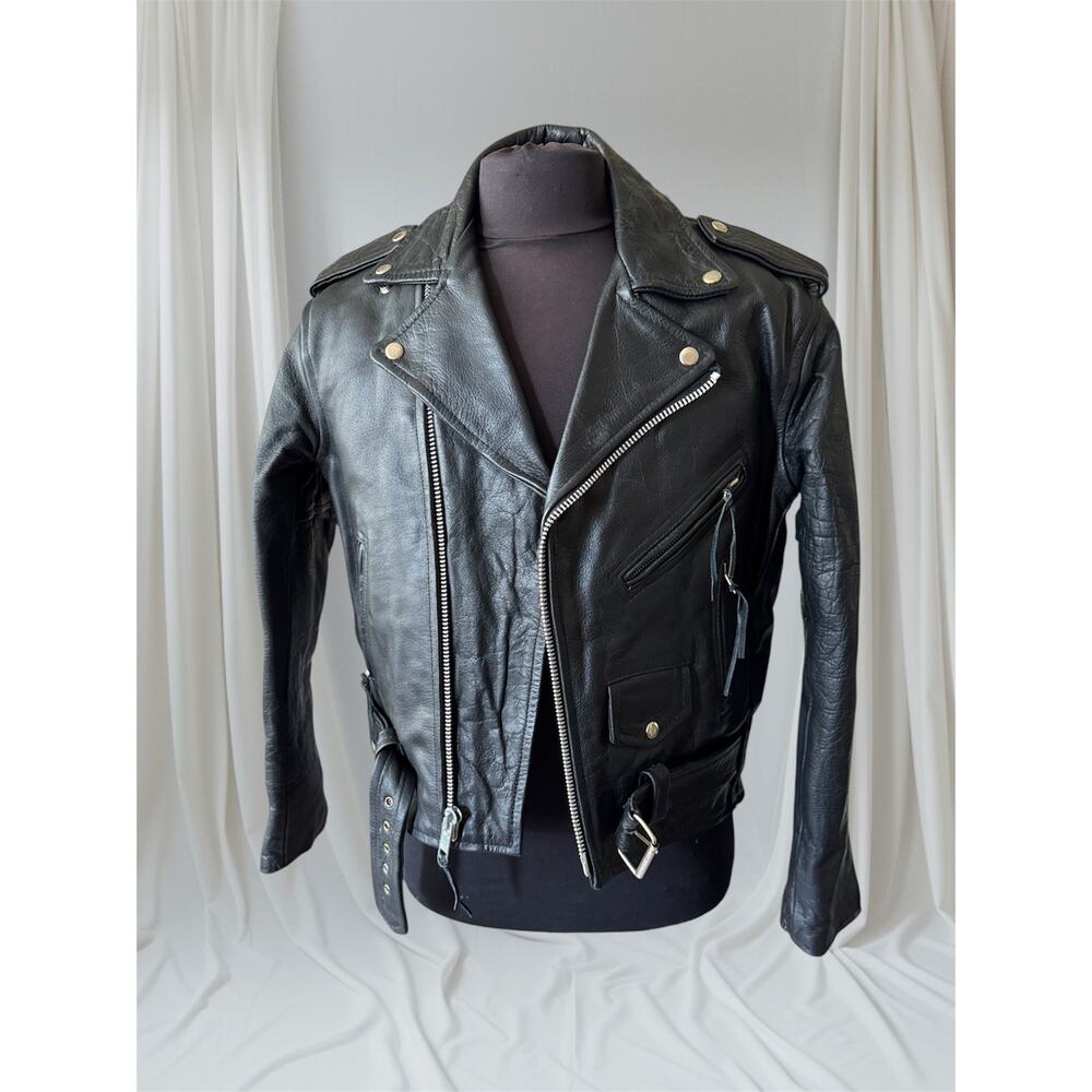 Men's Vintage Black Leather Motorcycle Jacket, 40, M